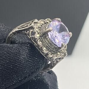 Vintage WS Sterling Silver 925 Marcasite Purple Amethyst Cocktail Ring Size 8,75